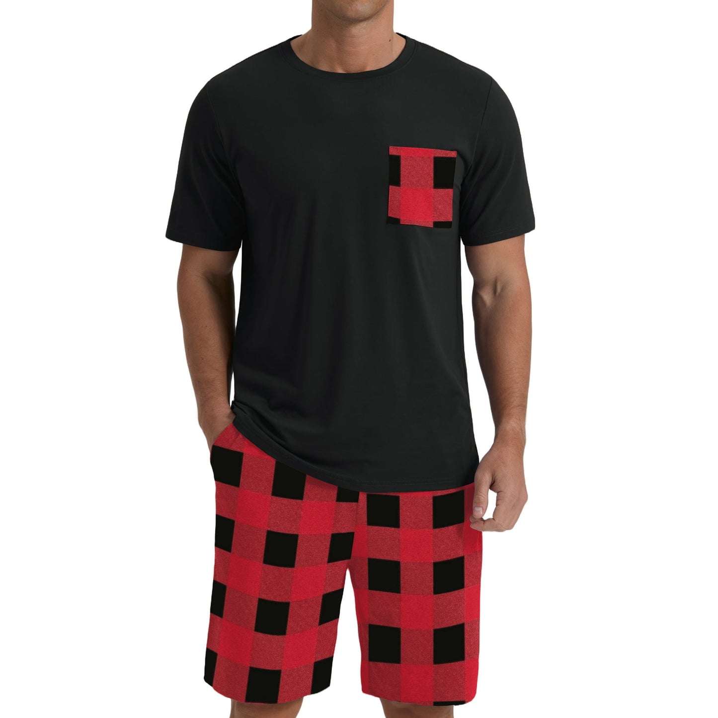 Men's Red-Black Round Neck 2-Piece Pajama Shorts With Pockets