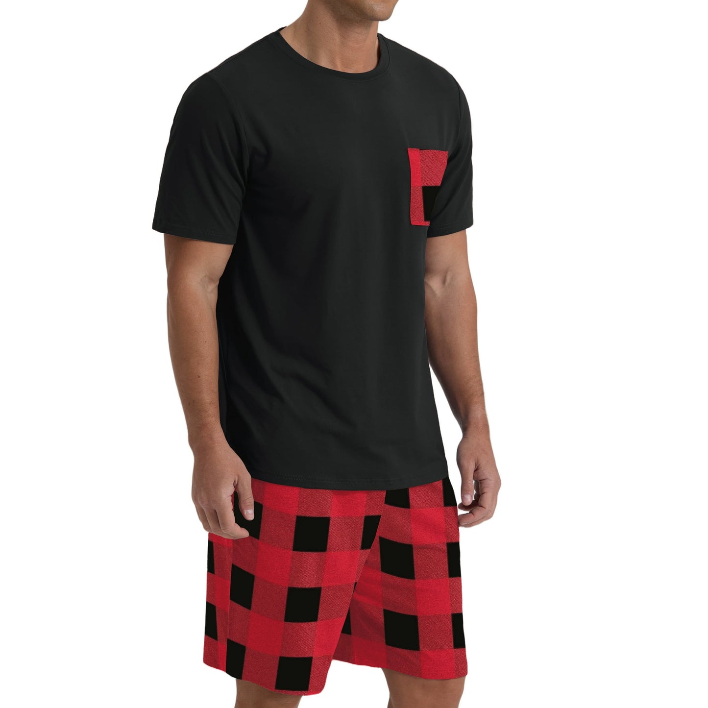 Men's Red-Black Round Neck 2-Piece Pajama Shorts With Pockets