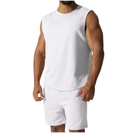 Mens White Sleeveless 2 Piece Casual Beach Shirts and Shorts Set