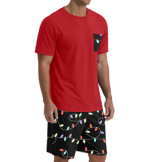 Men's Black Red Floral Round Neck 2-Piece Pajama Shorts With Pockets