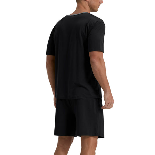 Men's Black V-Neck 2-Piece Pajama Shorts With Pockets