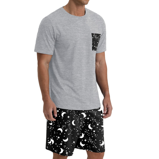 Men's Black-Grey Round Neck 2-Piece Pajama Shorts With Pockets