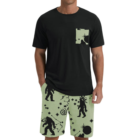 Men's Black-Beige Round Neck 2-Piece Pajama Shorts With Pockets
