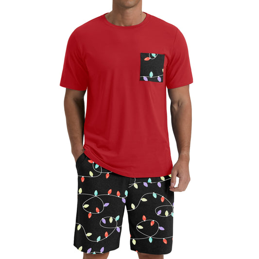 Men's Black Red Floral Round Neck 2-Piece Pajama Shorts With Pockets