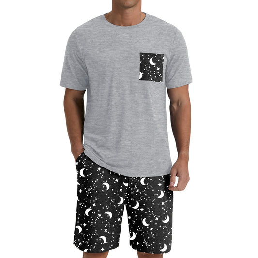 Men's Black-Grey Round Neck 2-Piece Pajama Shorts With Pockets
