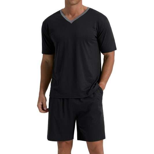 Men's Black V-Neck 2-Piece Pajama Shorts With Pockets