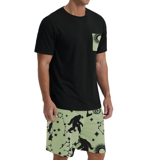 Men's Black-Beige Round Neck 2-Piece Pajama Shorts With Pockets