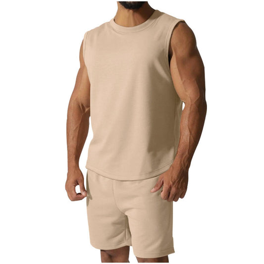 Mens Khaki Sleeveless 2 Piece Casual Beach Shirts and Shorts Set