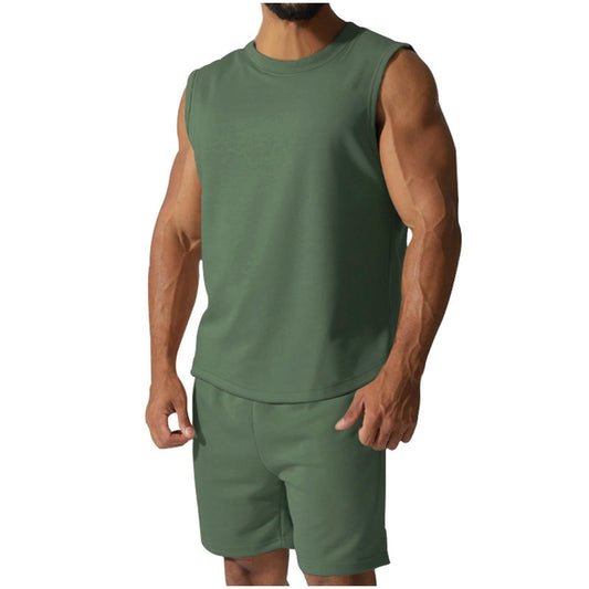 Mens Green Sleeveless 2 Piece Casual Beach Shirts and Shorts Set