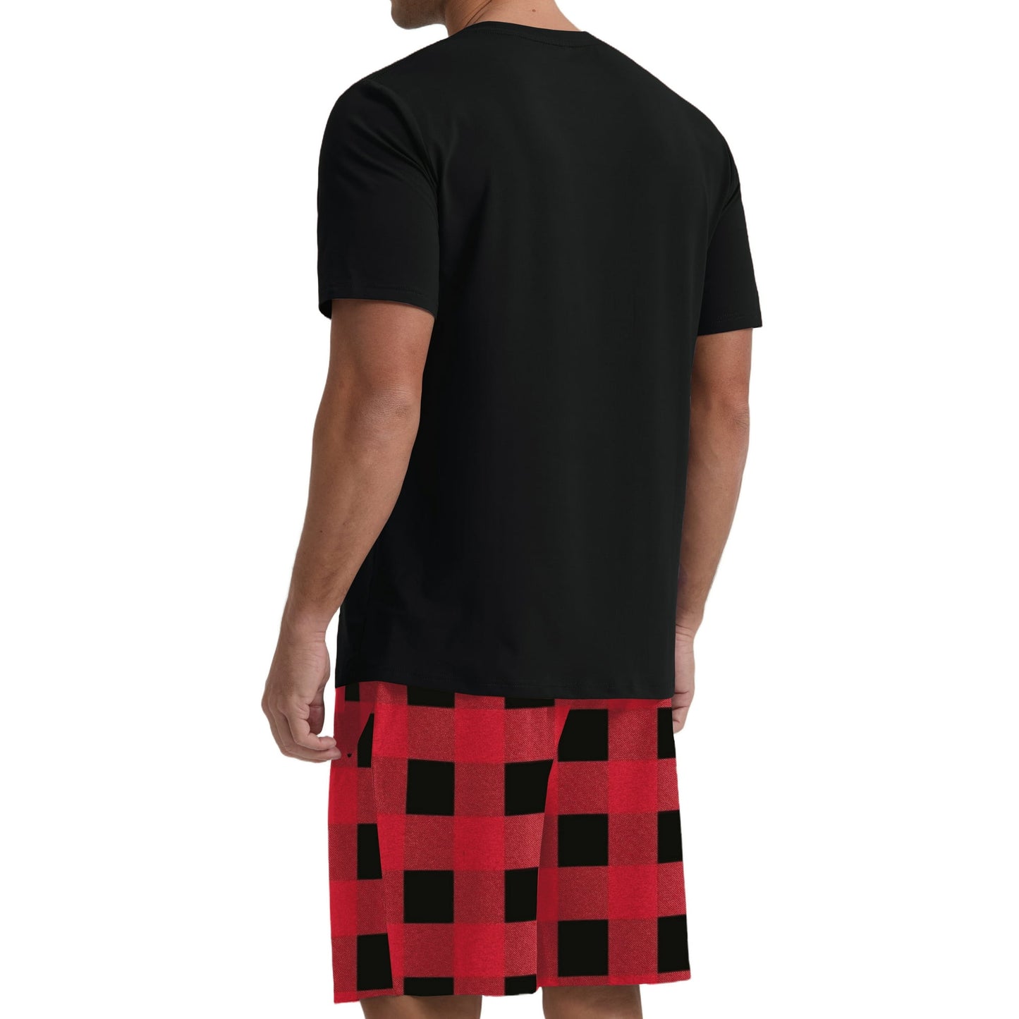 Men's Red-Black Round Neck 2-Piece Pajama Shorts With Pockets